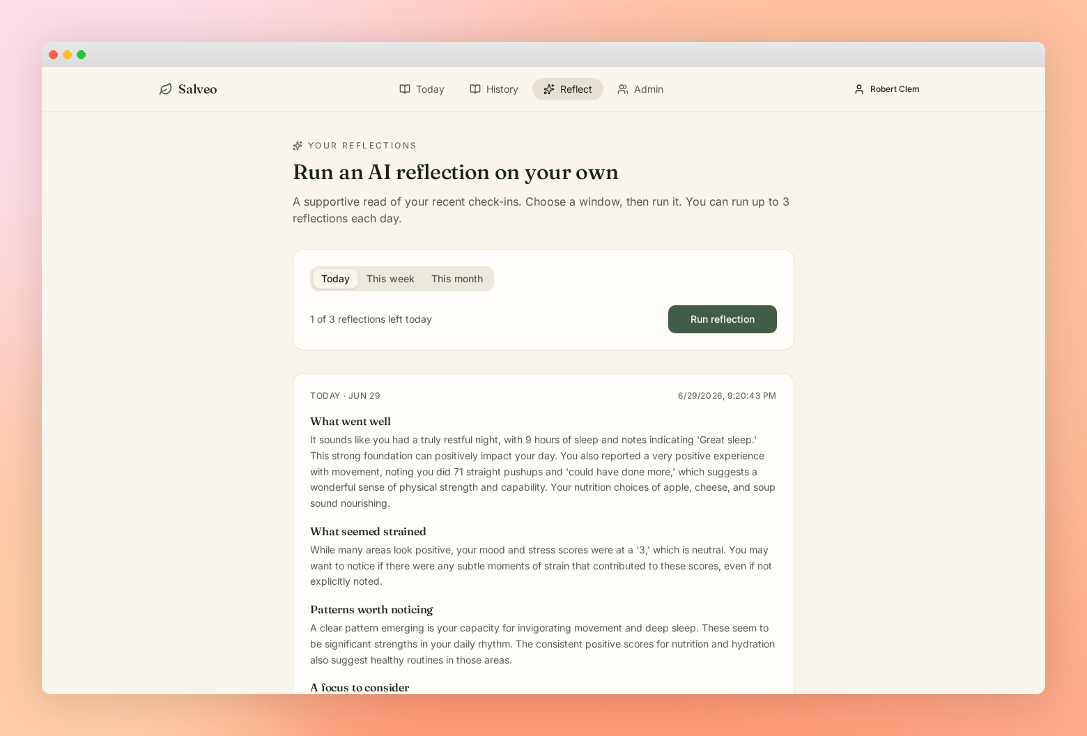Salveo Wellness Journal AI reflection page summarizing the week's check-ins