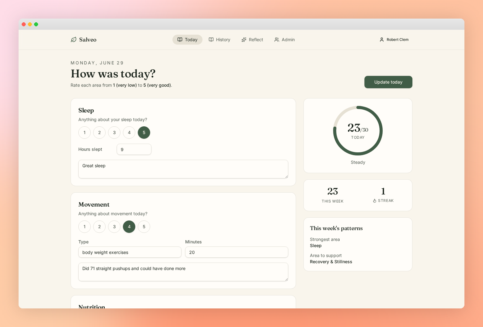 Salveo Wellness Journal daily check-in showing sleep, movement, nutrition, and hydration scores