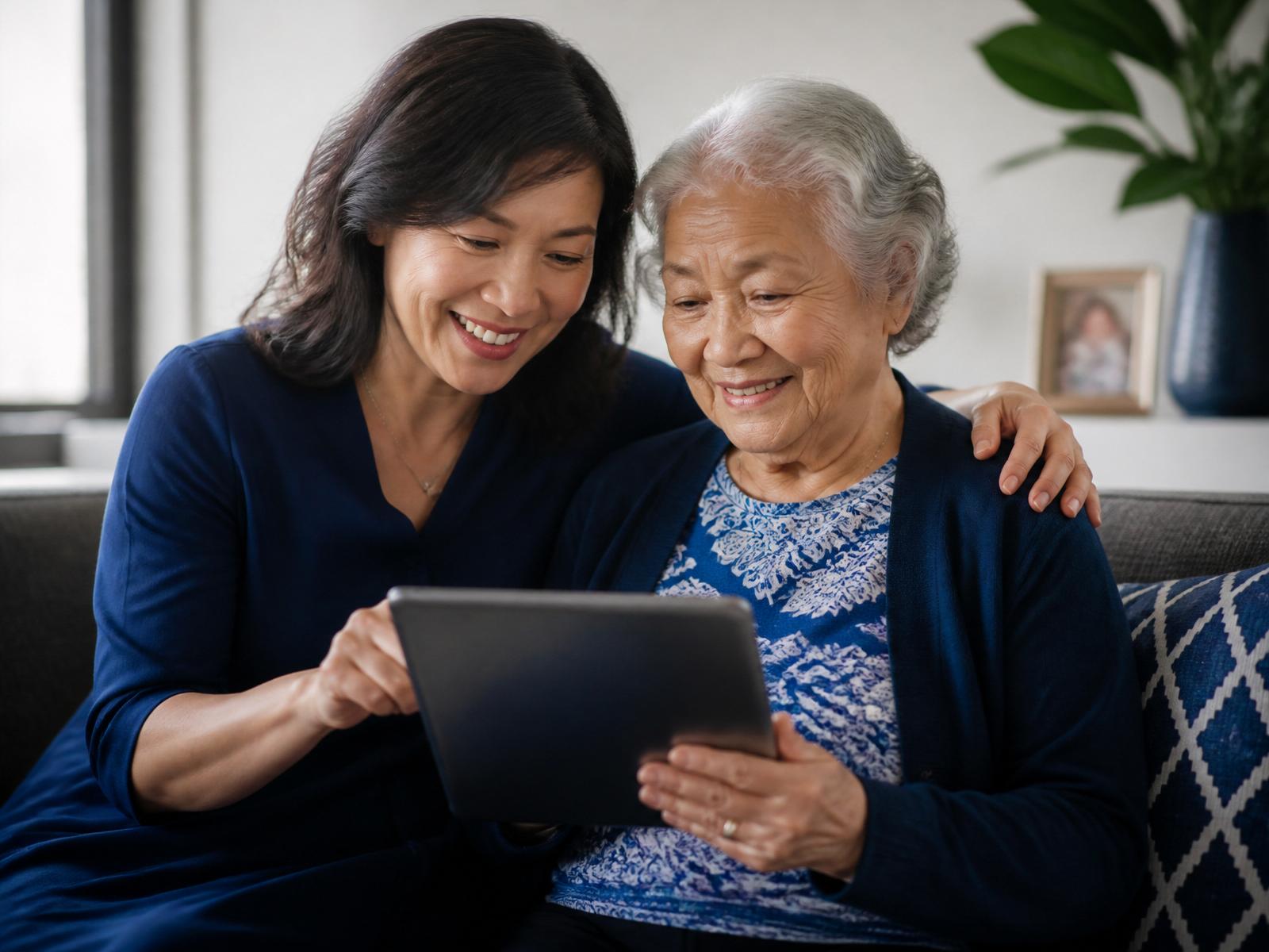 A daughter and her elderly mother looking at the Kindred app together